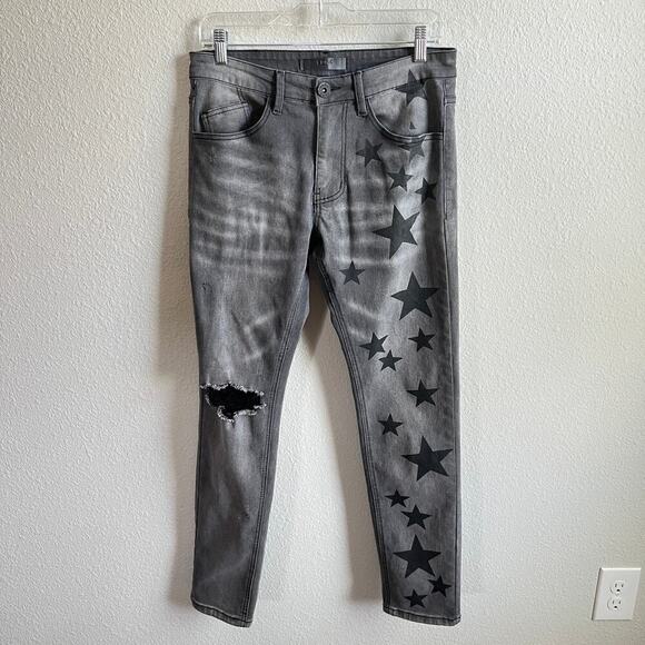 KDNK 11 4 14 11 Gray Black Star Skinny Jeans Men's 30x29 Low Rise Distressed - Picture 1 of 6